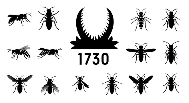 Black wasp silhouettes set, 14 insect vector icons with 1730 text and jaw emblem, stinging hornet and bee graphics for pest control branding