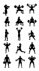 Obraz premium Gym workout silhouettes set, 15 fitness icons of people lifting weights and dumbbells, bodybuilding and strength training vector graphics
