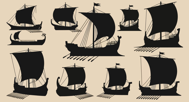 Ancient Greek galley ship silhouettes, set of 10 black trireme and dromon vessel icons, vintage Mediterranean naval fleet vector illustrations