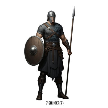 Medieval warrior character vector, ancient soldier with spear and shield, armored infantryman in helmet and tunic, historical fighter illustration