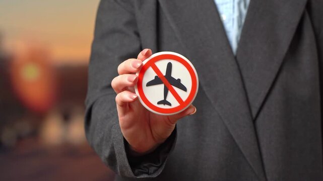 A civil servant holds a flight restriction symbol. Aircraft ban. Closed zone. Airport closure. Drone threat. Difficult weather conditions. Air traffic restrictions, flight safety measures