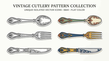 Vintage Cutlery Pattern Collection: Isolated Vector Icons, B&W and Flat Color Designs © Tembok