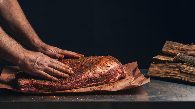 Man seasoning raw beef brisket for barbecue. Chef hand rubs dry spice mix onto meat before smoking. Culinary preparation of raw beef for picnic celebration and outdoor home cooking.