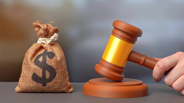 A judge's gavel and a dollar money bag. A court case and verdict, compensation in a court case. Refunds and tax returns.