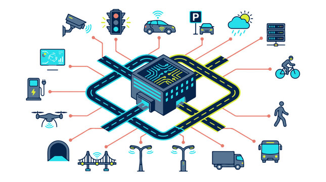 Smart City Infrastructure Concept with Central Data Processing Unit and Connected Icons