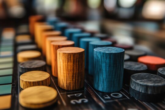 Colored wooden cylinders of varying heights on a dark numbered board for comparative data analysis