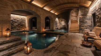 Fototapeta premium Luxury sensory spa interior with natural stone, warm lighting, tranquil atmosphere, architectural