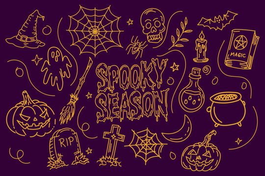 Halloween doodle hand drawn isolated with melted typography spooky season.
