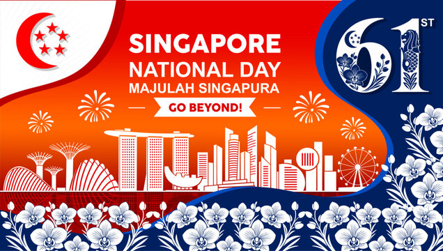 61st Singapore National Day 2026 Red Blue Banner Template. Flat vector horizontal web header celebrating Singapore's 61st National Day, featuring a white city skyline and orchid borders.
