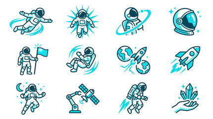 Fototapeta premium Creative Space Themed Icons Featuring Astronauts and Space Exploration Elements in Blue and White