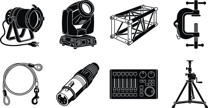Professional Concert Stage Lighting Equipment and Event Production Tools Set for Theater Shows, Live Entertainment Venues, Broadcasting Studios, and Media Control Vector Elements