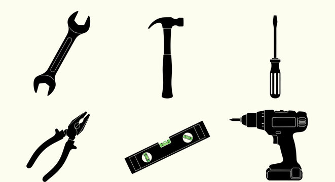 Industrial hand tools silhouette set, professional construction equipment icons, black hardware and carpentry tool collection for home repair