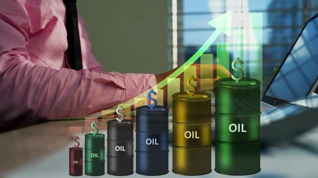 Businessman at desk with laptop and holographic rising oil barrels chart energy prices profit growth and market trends in a modern office