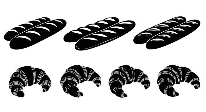Minimalist black baguette and croissant silhouettes, set of French bakery bread icons, vector pastry illustrations for cafe menu branding