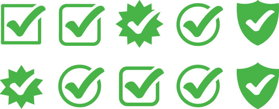 Green check mark icon set collection with approved tick checkbox circle shield and star burst shapes isolated on white background vector design