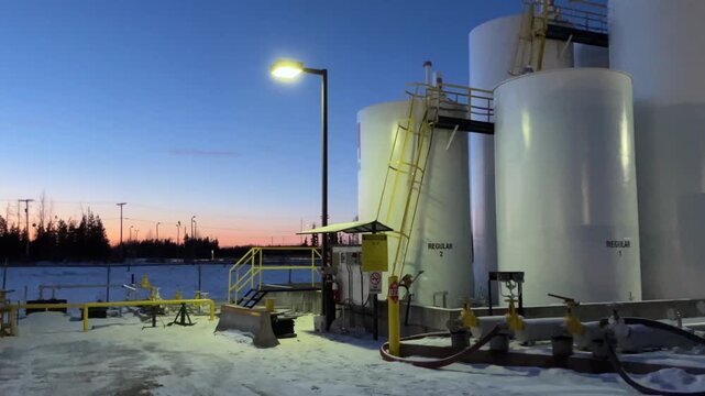 Industrial oil and fuel storage tanks at twilight in winter.