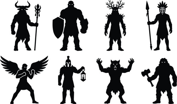Fantasy character silhouettes set of mythical creatures warriors monsters and role playing game icons vector