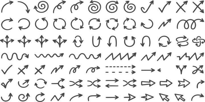 Black Arrow Icon Collection. Hand drawn directional symbols with circular, curved and navigation indicators. Vector style graphic set for interface design