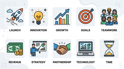 Business Icons: Launch, Innovation, Growth, Goals, Teamwork, Revenue, Strategy, Partnership, Technology, Time © nisrinaicca