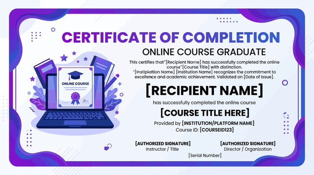 Certificate of Completion for Online Course Graduate with Laptop and Books