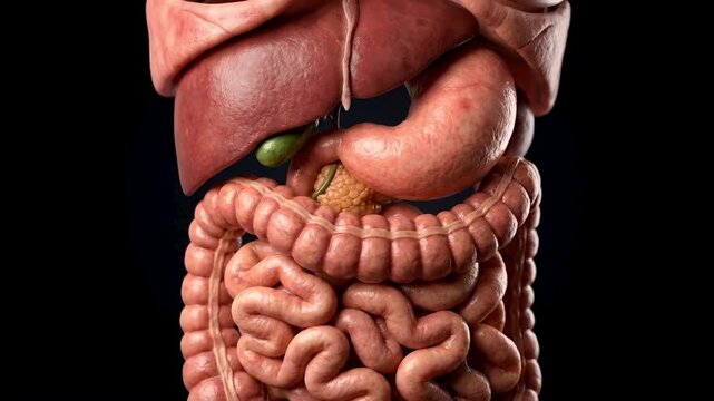 Human stomach, liver, and intestine anatomy model. Suitable for medical education, biology lessons, healthcare presentations, and science videos.