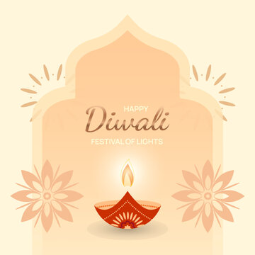 Happy Diwali Festival of Lights greeting card with glowing diya lamp. Festive background for web banner, poster, social media
