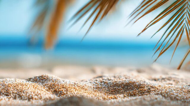 Golden sand stretches soft under bright sunlight. Faint palm fronds frame the beach's edge. Blurred turquoise waves roll gently behind. Dunes show natural texture with every grain