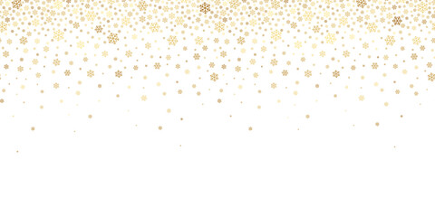 Gold snowflake. Golden shooting snowflakes. Falling winter snowflake. Elegant irregular snow flake on background. Scatter border. Random sparkling snowfall design. Overlay snowing. Vector illustration © Omeris