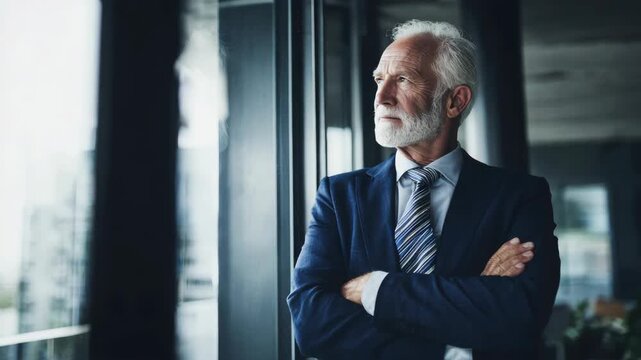 A man in a suit standing by a window with his arms crossed.