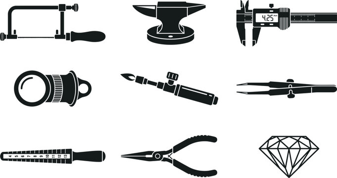 Professional Jewelry Making Tools and Goldsmith Workshop Equipment Set for Diamond Crafting, Lapidary Arts, Metal Repair Services, and Jewelry Store Branding Graphic Vector Elements