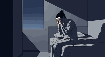 Fototapeta premium Illustration Of A Depressed Person Sitting In Bed At Night Crying With Grief