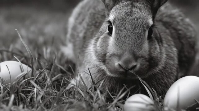 A fluffy brown rabbit sitting amidst green grass next to two white eggs.