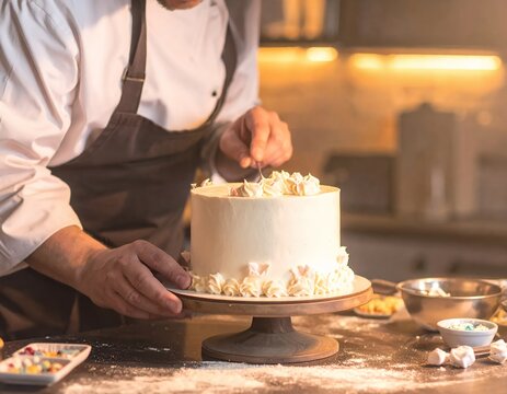 Professional baker decorating a white cake with frosting and toppings in a kitchen setting.