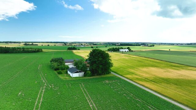 Aerial view of a farm in a green field landscape