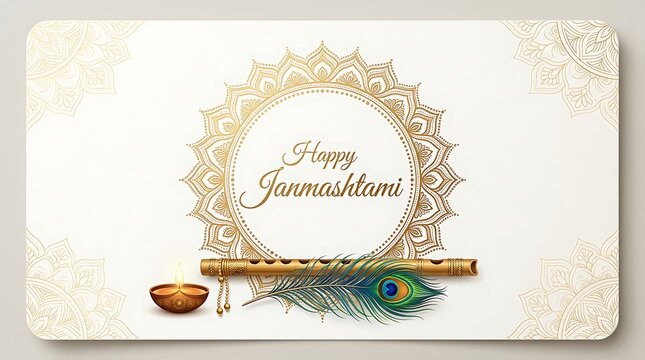 Happy Janmashtami Greeting Card with Golden Flute and Peacock Feather