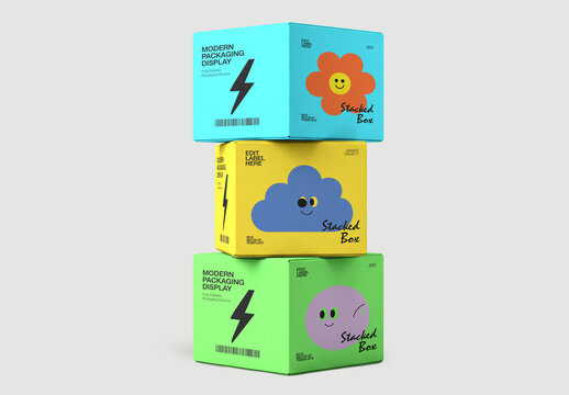 Three Stacked Square Packaging Box Mockup