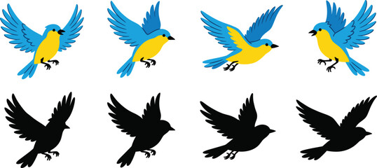 Fototapeta premium Flying blue bird vector illustration set, cute cartoon birds and black silhouettes icons