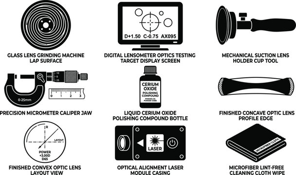 Professional Optic Lens Manufacturing Equipment and Glass Grinding Tools Icon Set with Text Labels for Laboratory Engineering, Optometry Testing, and Science Vector Elements