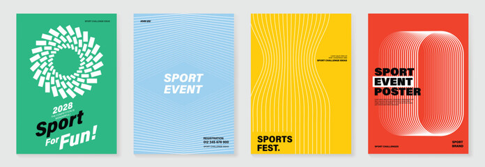 Obraz premium Running event poster templates set. Vector fun run marathon flyer designs with track line patterns, forward motion arrows, stripes and wavy backgrounds in Vibrant colors.