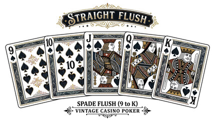 Vintage Straight Flush Poker Hand - Spades 9 to King © tira