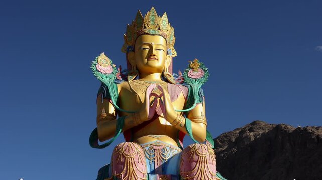 Leh Ladakh India Buddha in Diskit Monastery, Nubra Valley in Ladakh is one of the Oldest and largest Monastery and tall statue of Maitreya Buddha.