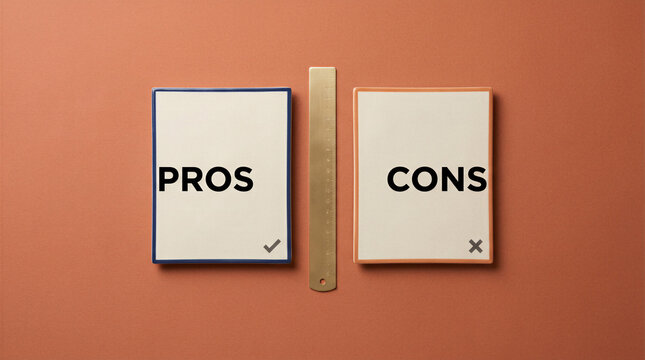 Pros and cons comparison cards separated by a ruler on a terracotta background representing balanced decision making.
