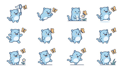 Clean Blue Cartoon Bear Cub Characters Interacting with Butterflies and Flowers in Playful Scenes © Ilmy