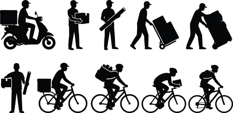 Courier and delivery man silhouettes collection, logistics service workers flat vector illustration