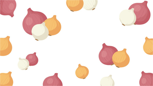 Colorful onion vegetable seamless pattern with red white and yellow onions for kitchen packaging textile wallpaper and food design