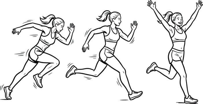 Woman running and winning race sequence silhouettes, female sprinter cartoon vector illustration