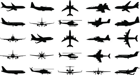 Aviation airplanes, helicopters and military jets silhouettes set, aircraft vector illustration collection © VectoPro