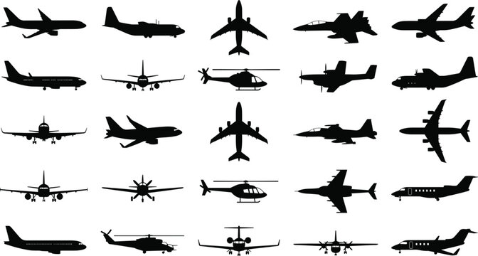 Aviation airplanes, helicopters and military jets silhouettes set, aircraft vector illustration collection