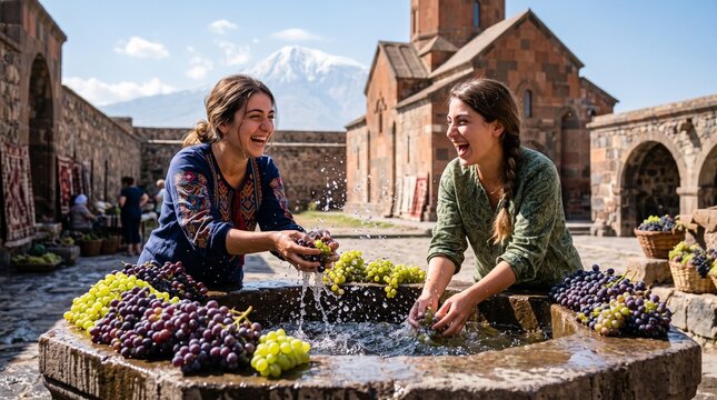 Women Preparing Grapes in Stone Fountain Before Armenian Ceremony