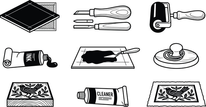 Traditional Linocut and Block Printing Tools Set for Fine Art Crafting, Handmade Printmaking Workshops, Studio Artworks, and Creative Craft Hobby Vector Elements